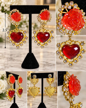 Vintage Red Resin Rose Lucite Heart Drop Dangle Earrings Rhinestone Gold Tone 2.
